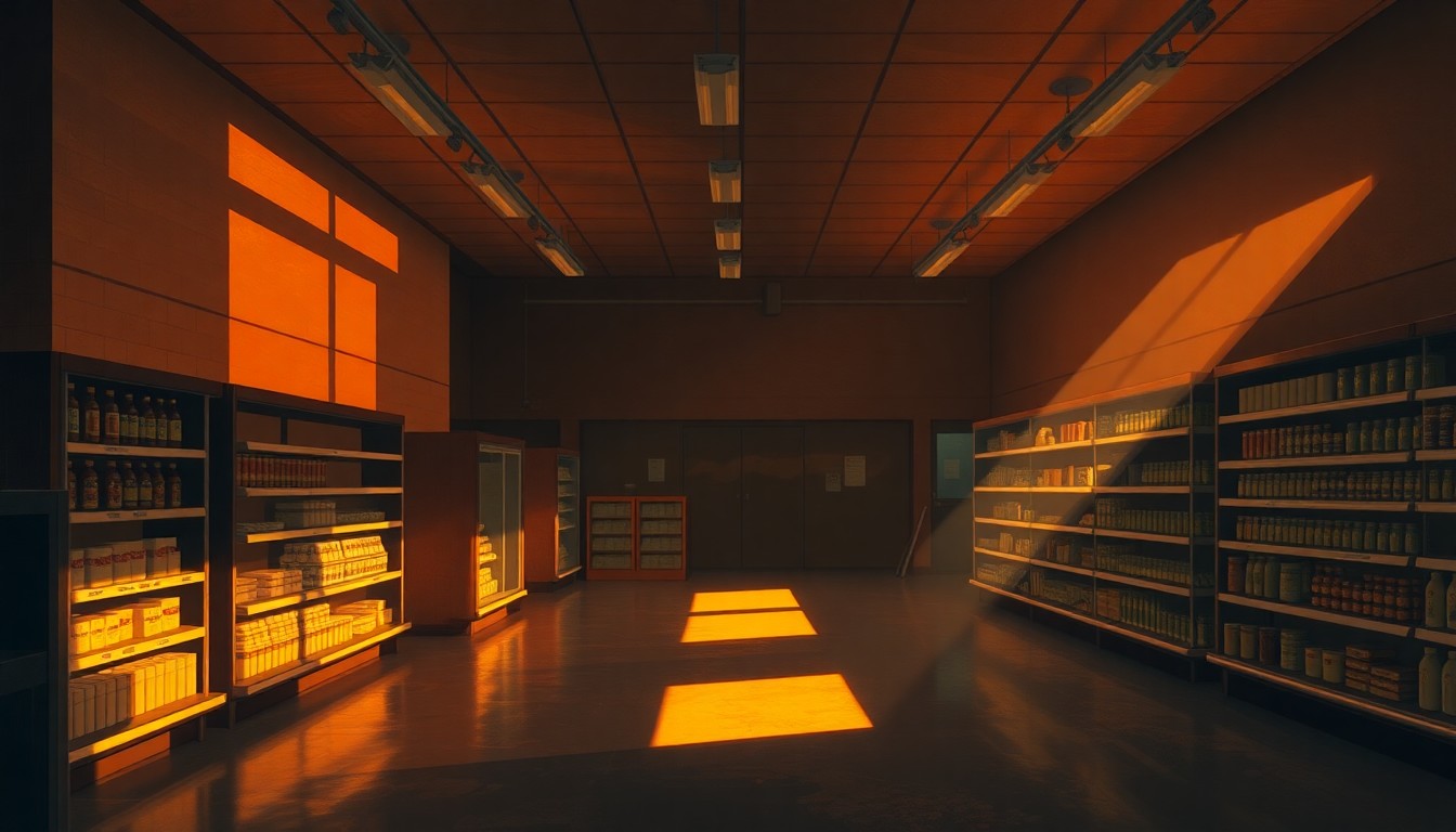 A serene, photorealistic painting of the interior of a dimly lit urban supermarket, with warm natural light streaming in through the windows and casting deep shadows across the empty aisles, conveying a sense of quiet contemplation about the challenges of providing affordable food access in underserved communities.