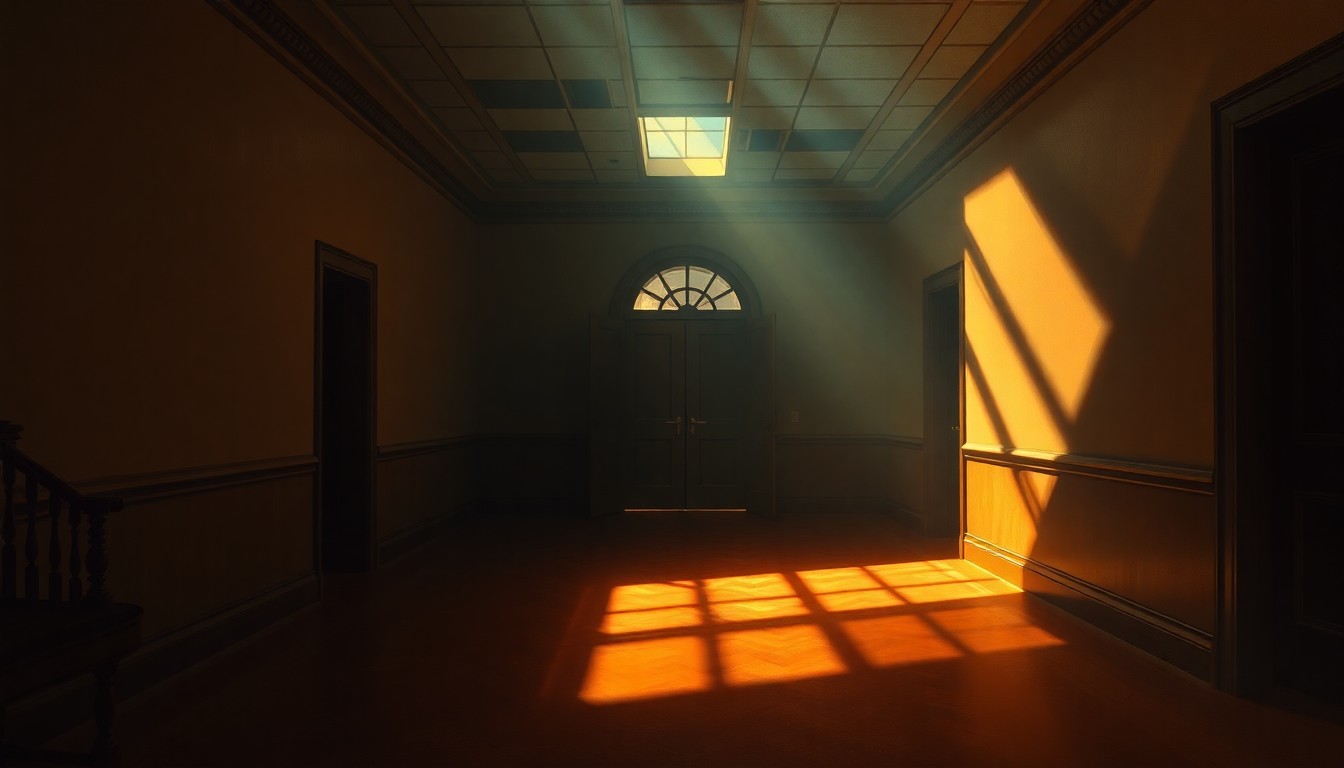 A dimly lit, cinematic painting of an empty government office or hallway, with warm sunlight streaming in through windows and casting deep shadows, conveying a sense of political tension and uncertainty.