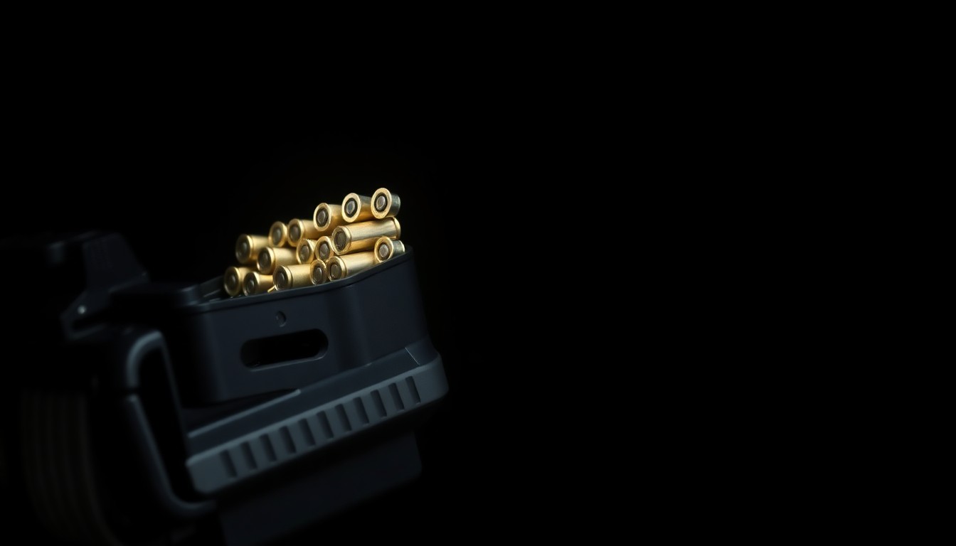 An extreme close-up photograph of a semi-automatic handgun magazine loaded with ammunition, the metallic surfaces and bullet casings sharply illuminated against a dark, shadowy background, conveying the gritty, investigative nature of the crime scene.
