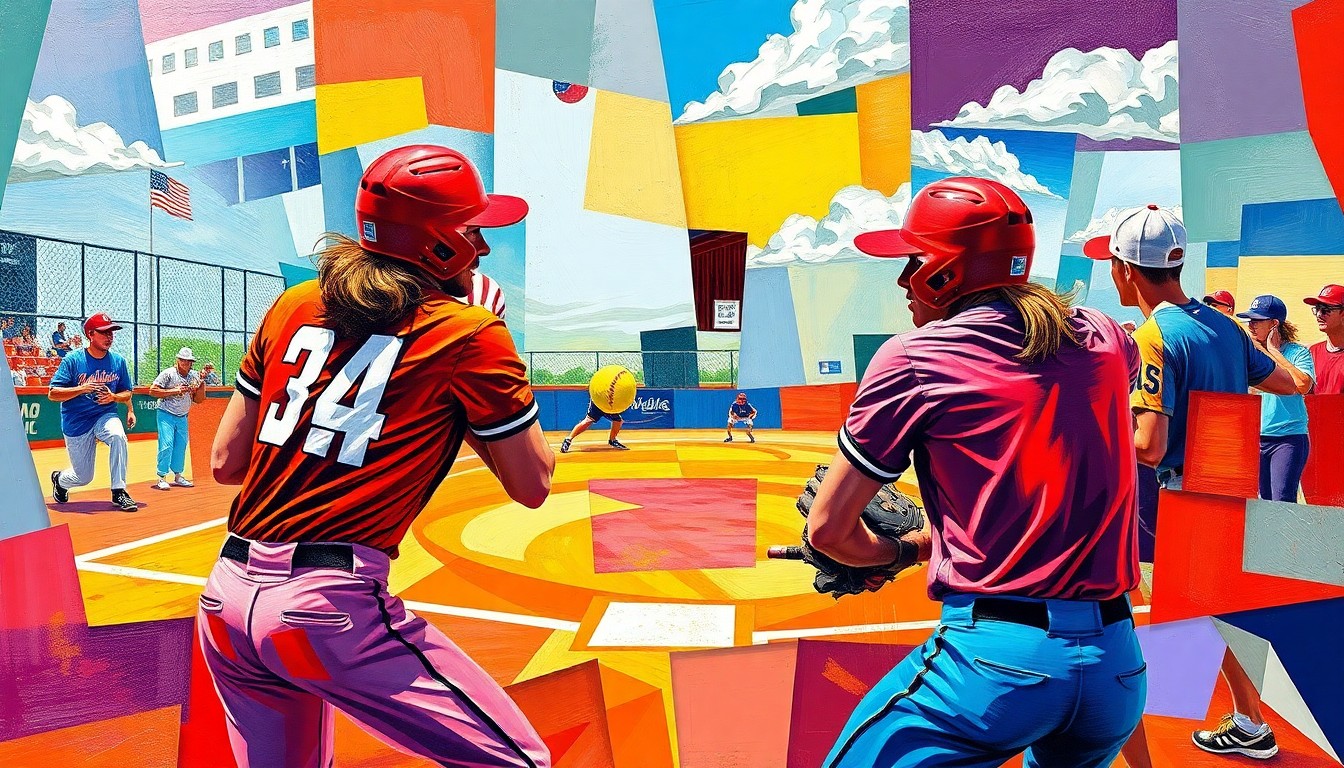 A fragmented, geometric painting in bold colors depicting a softball game or match, with overlapping shapes and planes representing the various elements of the sport and the team's performance.