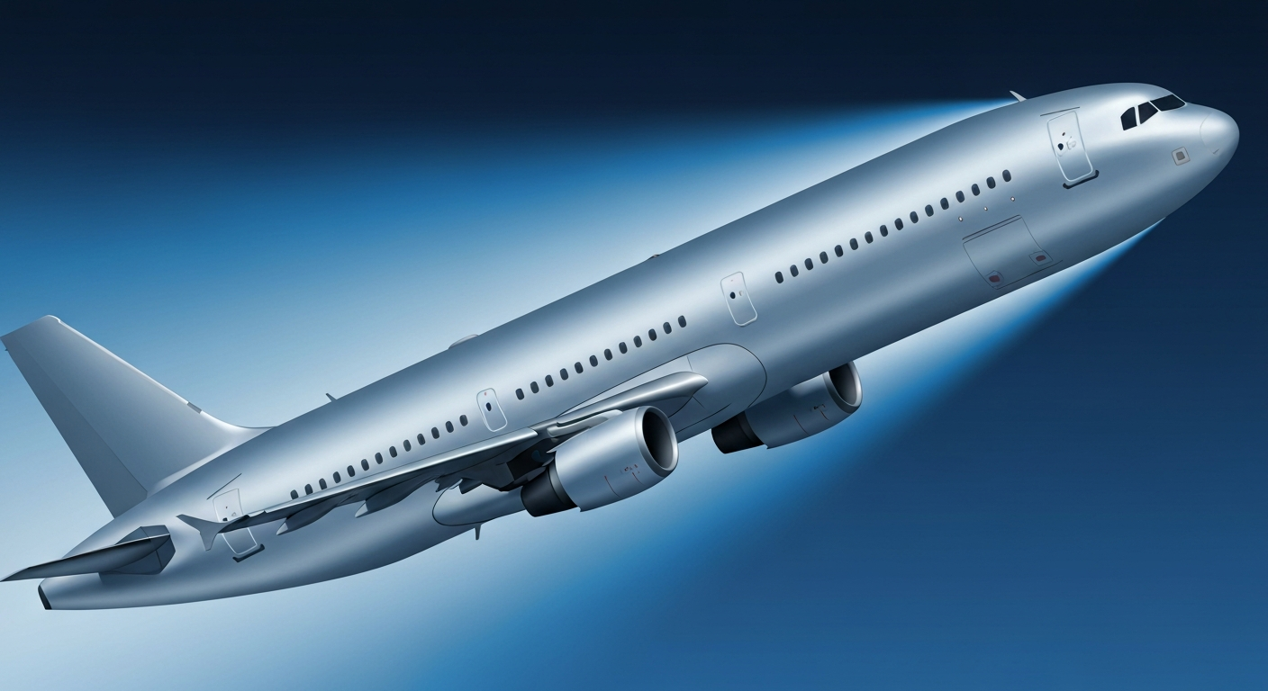 A highly stylized, geometric illustration depicting the sleek silhouette of an Airbus A321 aircraft against a gradient background of blues and silvers, conveying the grand scale and design of air travel.