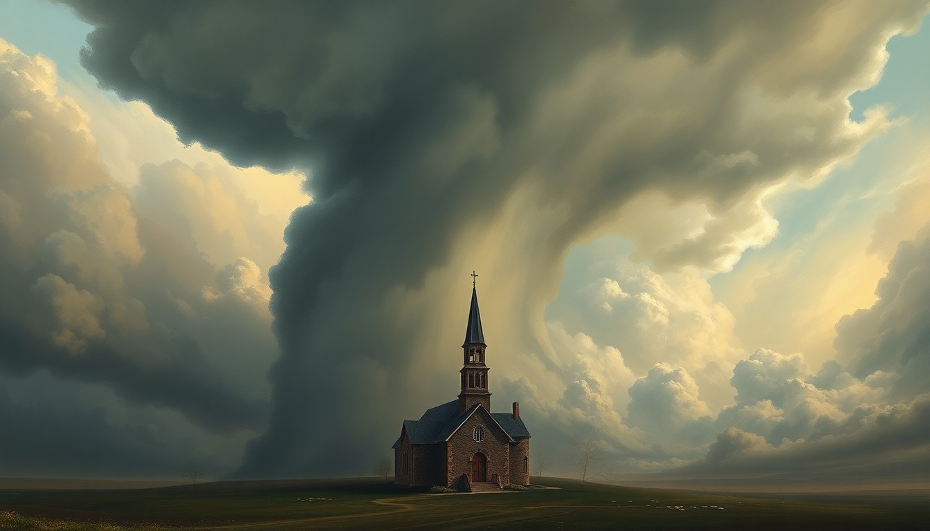 A sweeping, atmospheric landscape painting depicting a tornado-damaged church, its roof partially obscured by heavy, ominous clouds, conveying the overwhelming power of the natural disaster.