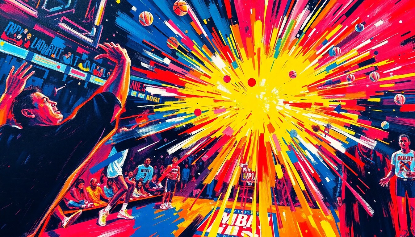 An abstract, energetic painting with bold, neon-colored brushstrokes that convey the high-intensity atmosphere of a crucial NBA playoff game.