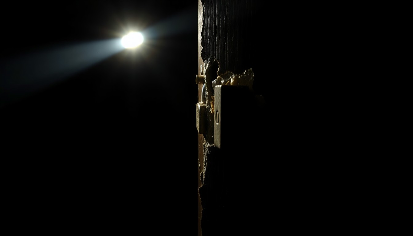 An extreme close-up photograph of a damaged lock or door frame, lit by a harsh flash against a dark background, conveying a sense of the violent break-in and investigation.