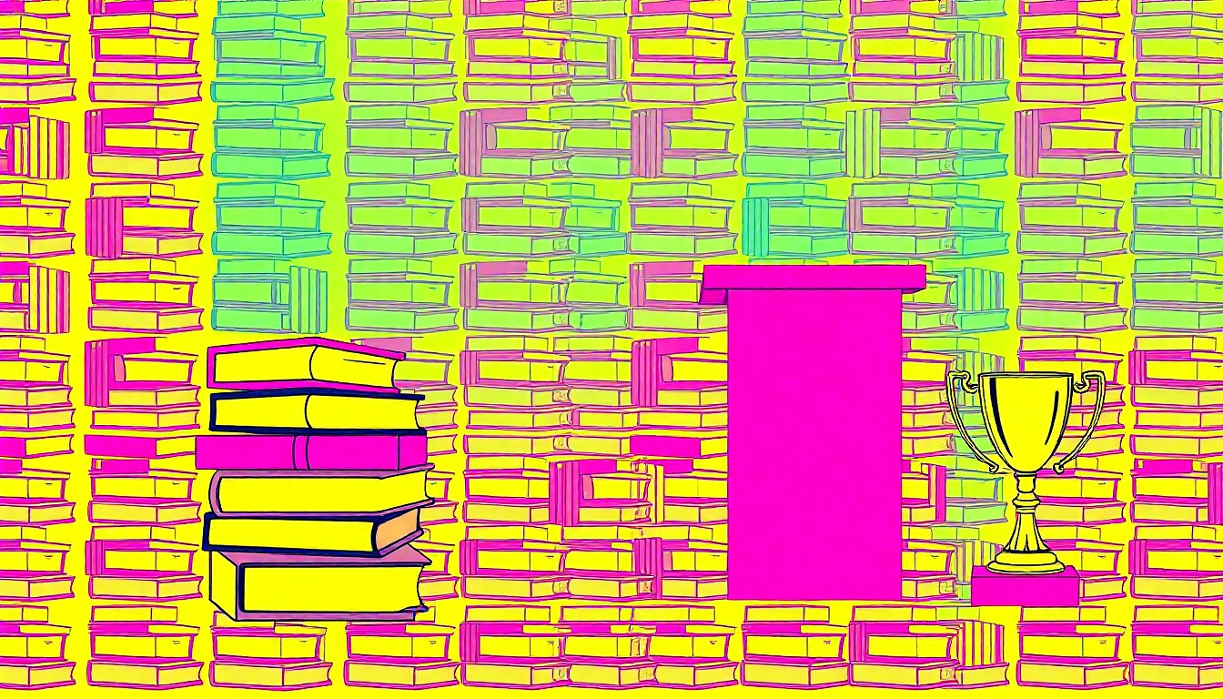 A vibrant, high-contrast silkscreen print featuring a repeating grid of educational objects like textbooks, a podium, and a trophy, rendered in a bold, neon color palette that captures the celebratory spirit of the civic competition.