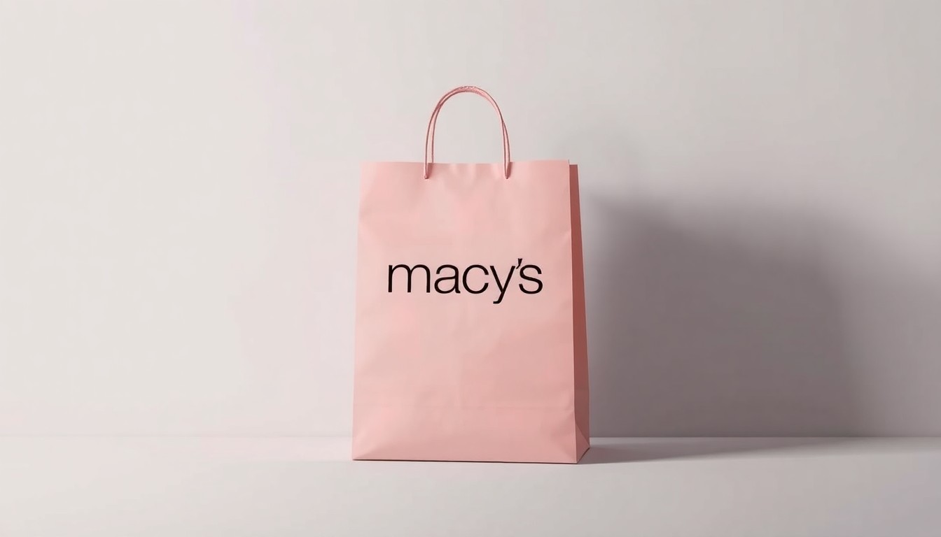 A photorealistic studio still life featuring a single Macy's shopping bag in a soft, muted color palette against a clean, monochromatic background, using dramatic lighting and shadows to convey the brand's shifting retail focus.