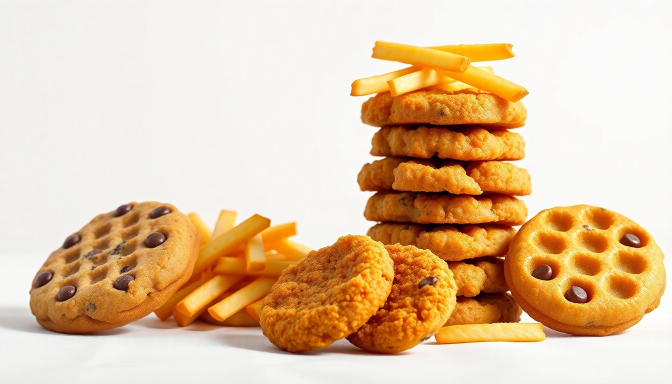 A high-end, photorealistic studio still-life photograph featuring a stack of golden-brown Chick-fil-A chicken nuggets, waffle fries, and a chocolate chip cookie arranged on a clean, white background, conceptually representing the quality and craftsmanship of the fast-food chain's menu.