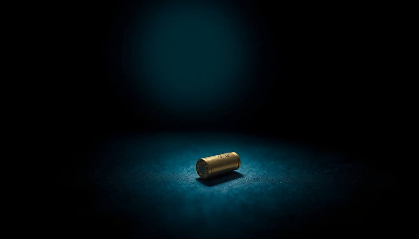 An extreme close-up photograph of a single bullet casing on a dark surface, lit by a harsh, direct camera flash, creating a stark, gritty, investigative aesthetic.