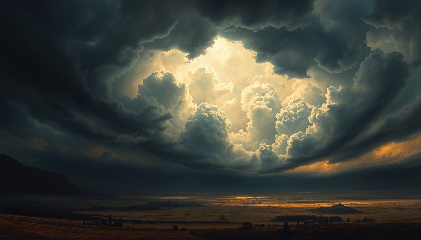 A sweeping, atmospheric landscape painting depicting a vast, turbulent sky filled with dark, roiling clouds that dwarf the small structures and terrain below, conveying the overwhelming scale and power of an approaching severe storm system.