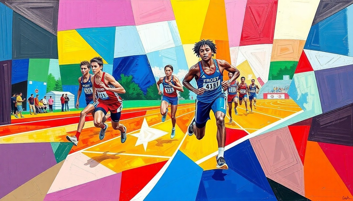 A cubist, geometric painting depicting a high school track and field competition, with sharp, overlapping planes of color representing the athletes and their movements.