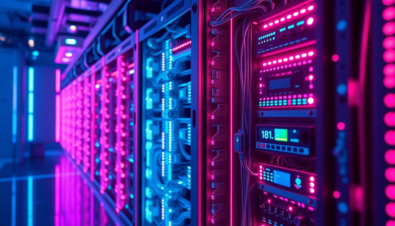 A highly detailed, glowing 3D illustration of a futuristic AI server rack or data center hardware, with neon cyan and magenta lights illuminating the intricate components, conceptually representing the advanced technology powering the AI innovations transforming the workplace.