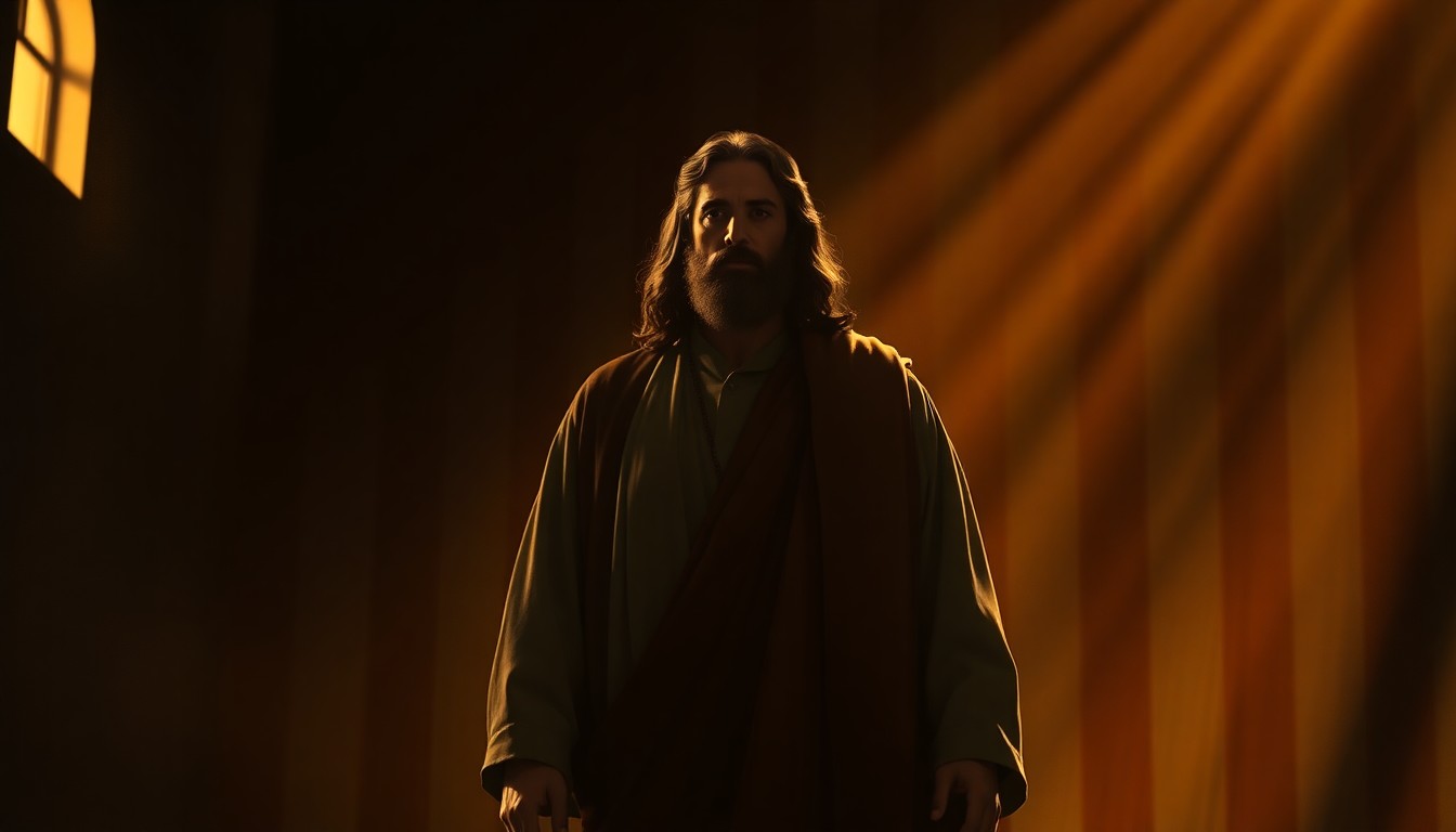 A cinematic painting depicting a solitary political figure in robes reminiscent of Jesus Christ, standing in a warm, sunlit setting with a patriotic backdrop, conceptually illustrating the controversy over the use of sacred imagery in a political context.