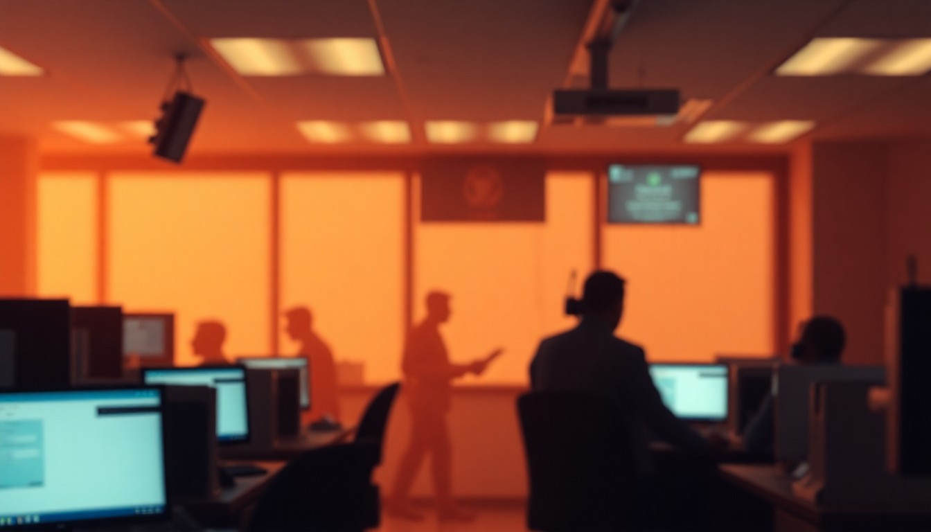A softly focused, abstract scene depicting the interior of an emergency dispatch center, with muted colors and blurred shapes representing the dedicated work of 911 operators.