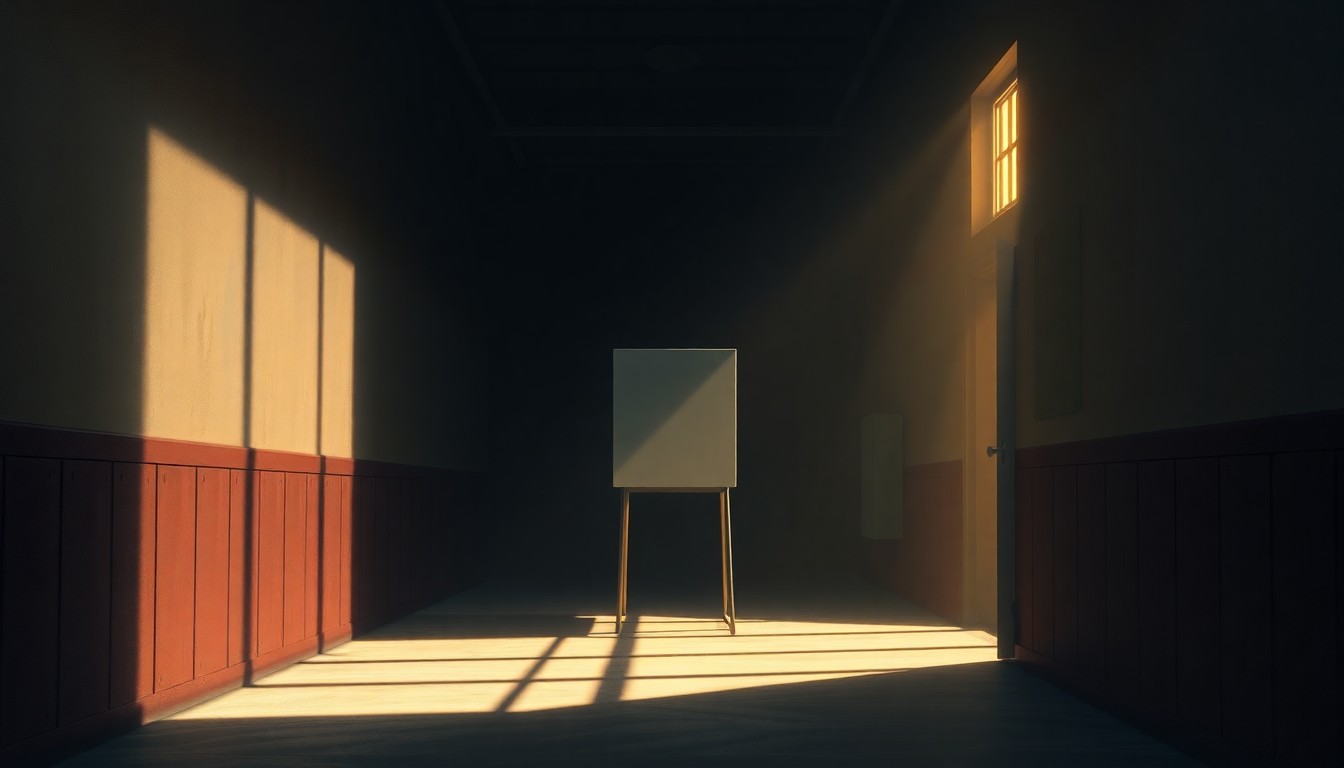A moody, cinematic painting of a lone voting booth in a shadowy prison hallway, with warm sunlight streaming in through a barred window, conceptually illustrating the challenges of providing voting access to those incarcerated.