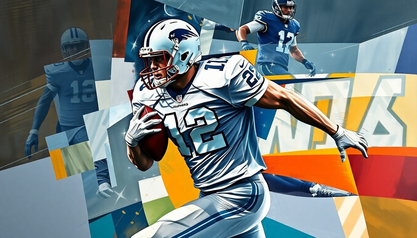 A cubist, geometric painting depicting a football player in motion, with sharp, overlapping planes of color and form representing the dynamic nature of the player's role on the team.
