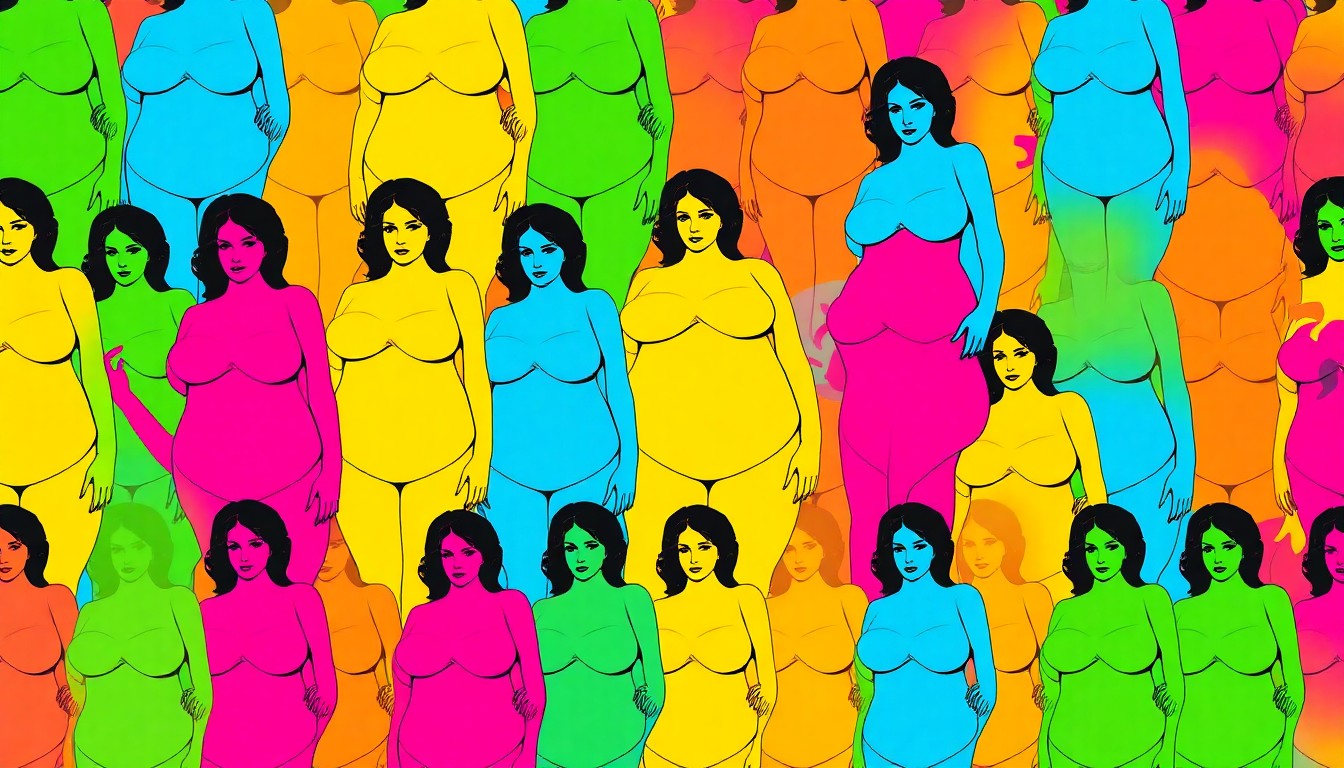 A high-contrast silkscreen print featuring a repeated image of a nude, fat female figure in a grid pattern, rendered in a vibrant neon color palette with heavy black outlines, conceptually representing the artist's mission to promote body positivity through provocative public art.