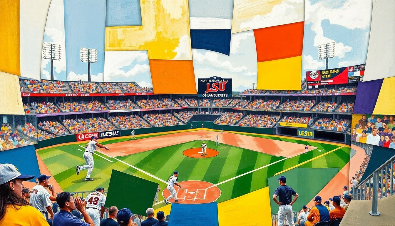 A fragmented, geometric painting depicting a baseball game in an abstract, cubist style, with the players and field of play broken down into sharp, overlapping planes of color and shape.