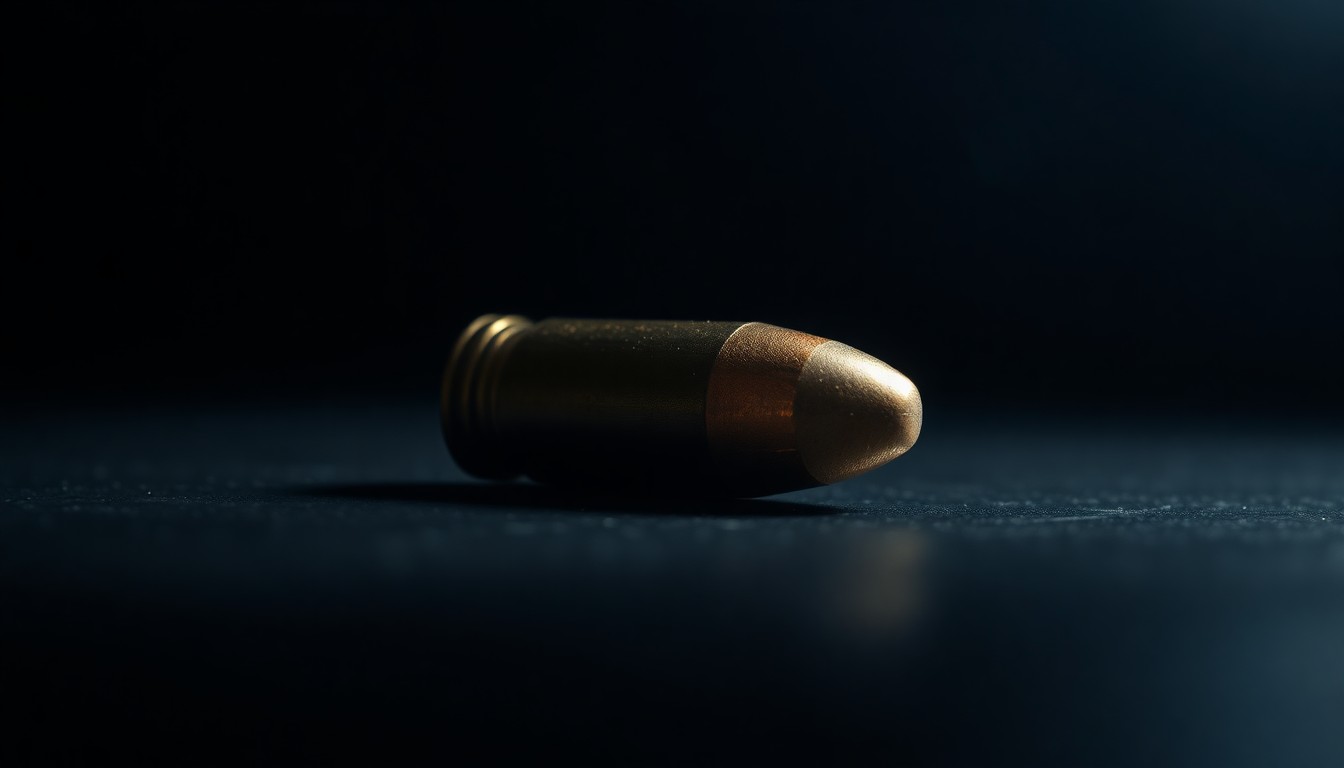 An extreme close-up photograph of a spent bullet casing on a dark surface, conceptually illustrating the violence of a recent shooting incident at a fast-food restaurant.