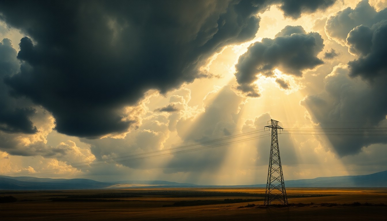 A dramatic landscape painting in the style of Caspar David Friedrich, showing a lone power line tower dwarfed by a stormy, atmospheric sky filled with dark, swirling clouds and dramatic beams of light.