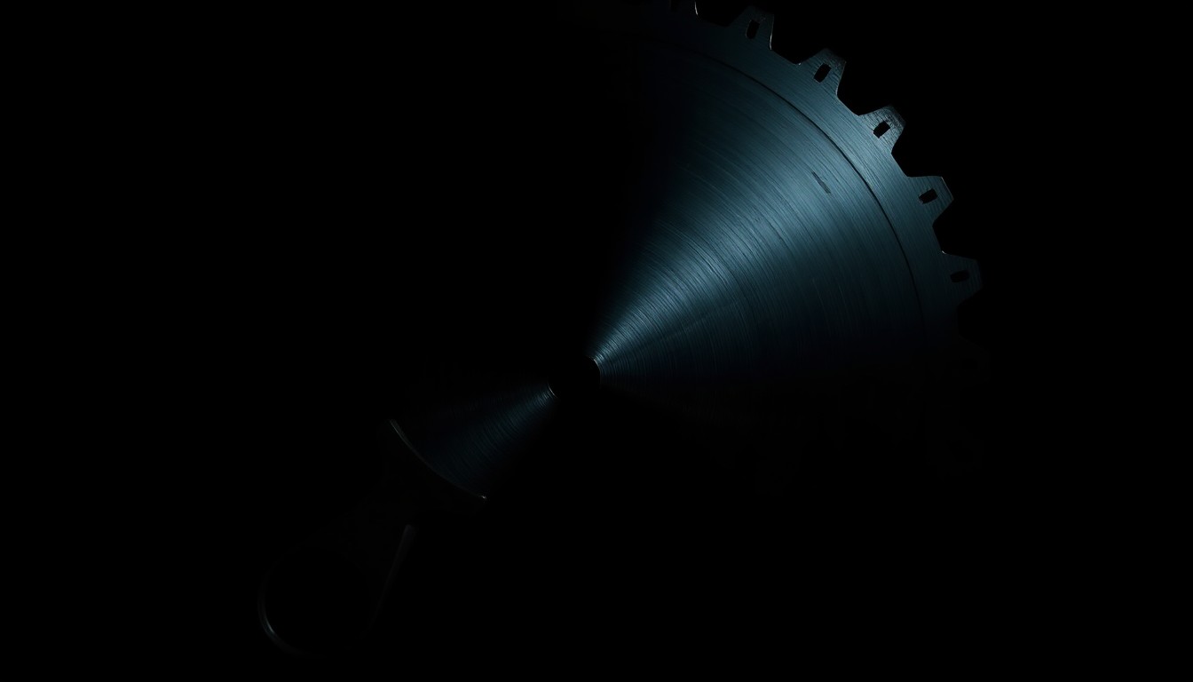 An extreme close-up photograph of a circular saw blade against a pitch-black background, lit by a harsh, direct camera flash, conceptually representing the violent crime at the center of this story.