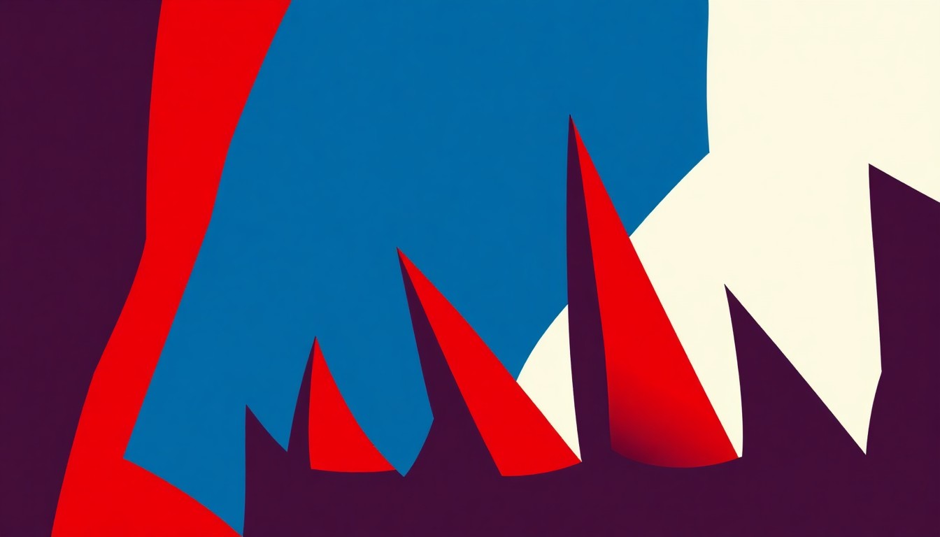 A minimalist, abstract composition of geometric shapes in shades of blue, red, and white, conceptually representing the themes of isolation and connection in a musical performance.
