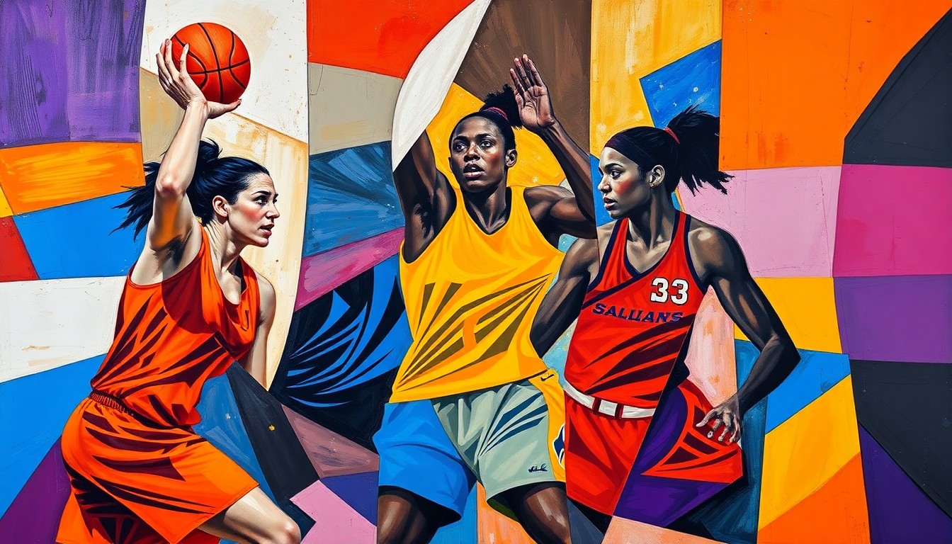 A cubist, geometric painting depicting the fragmented, overlapping forms of basketball players in motion, with vibrant colors and no recognizable faces or logos, conceptually representing the disruption and uncertainty facing the Stanford women's basketball program.