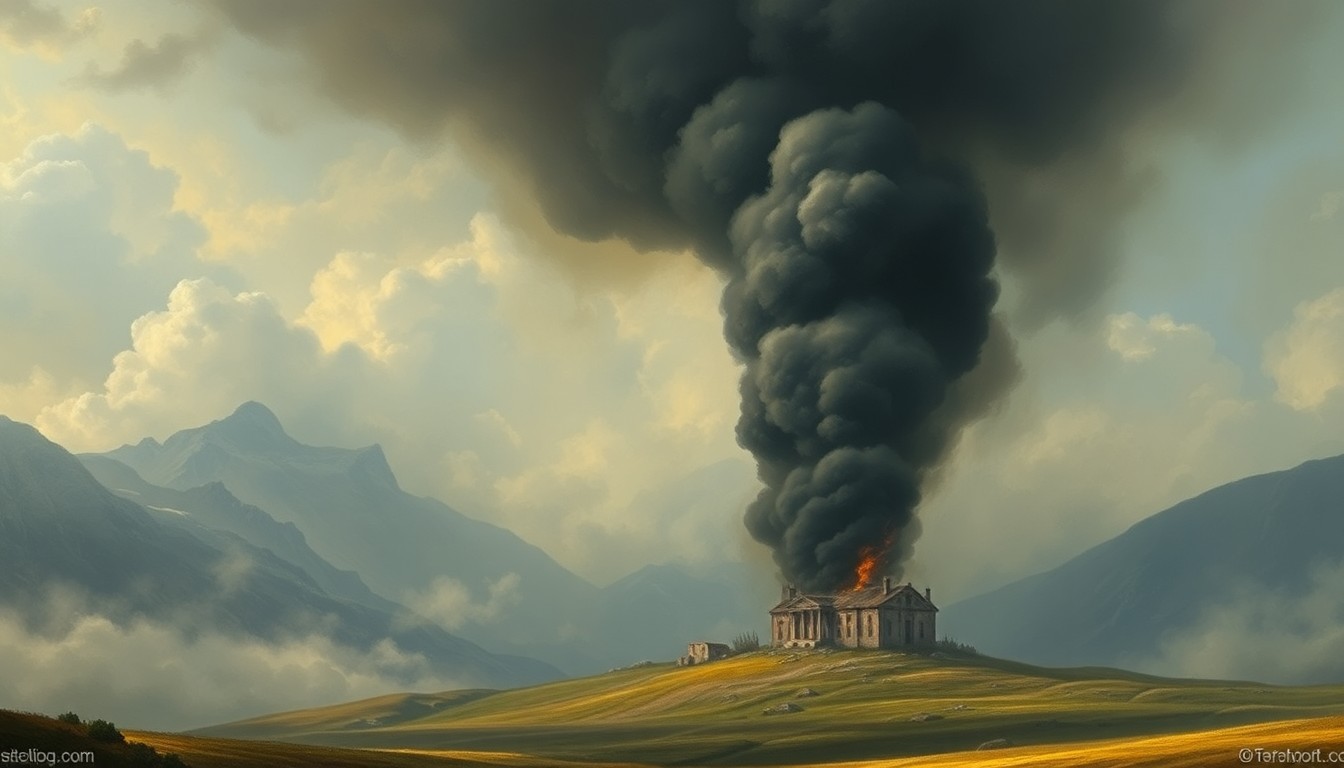 A dramatic landscape painting depicting a towering plume of dark smoke rising from a small, isolated building in the distance, dwarfed by the overwhelming scale and power of the natural environment.