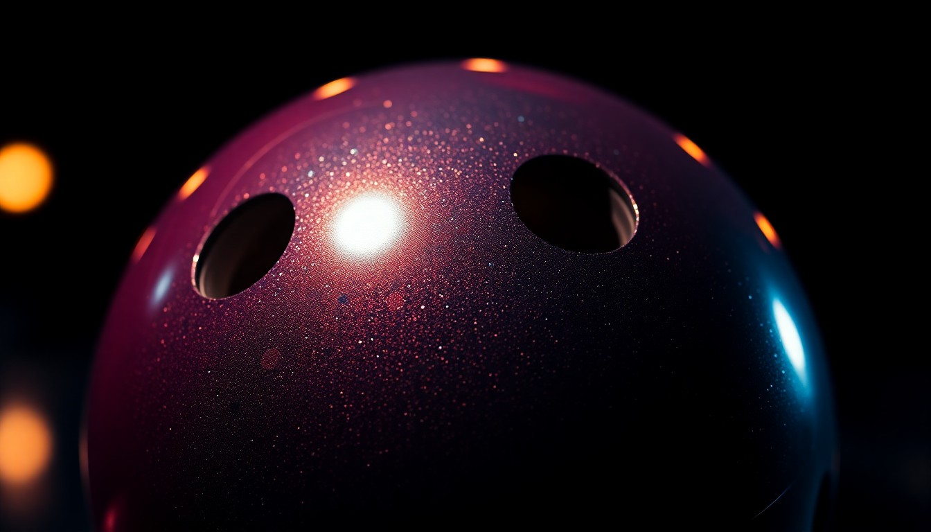An extreme close-up photograph of the shiny, glittering surface of a bowling ball, captured in dramatic high-contrast studio lighting to create a luxurious, high-fashion aesthetic.
