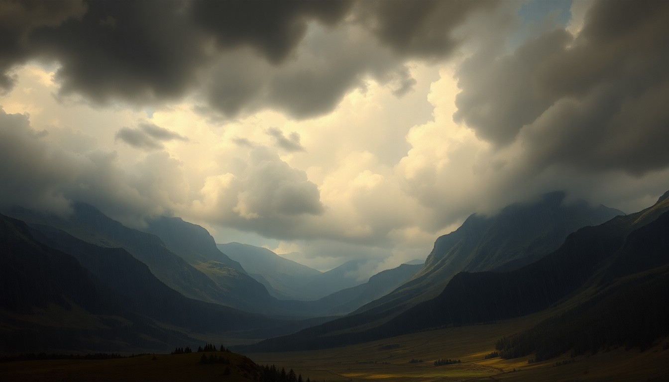 A vast, atmospheric landscape painting in muted tones of gray, blue, and green, with a heavy, overcast sky and scattered rain showers obscuring the horizon. The scene conveys the overwhelming scale and power of the natural world, with any physical structures or objects dwarfed by the dramatic weather conditions.