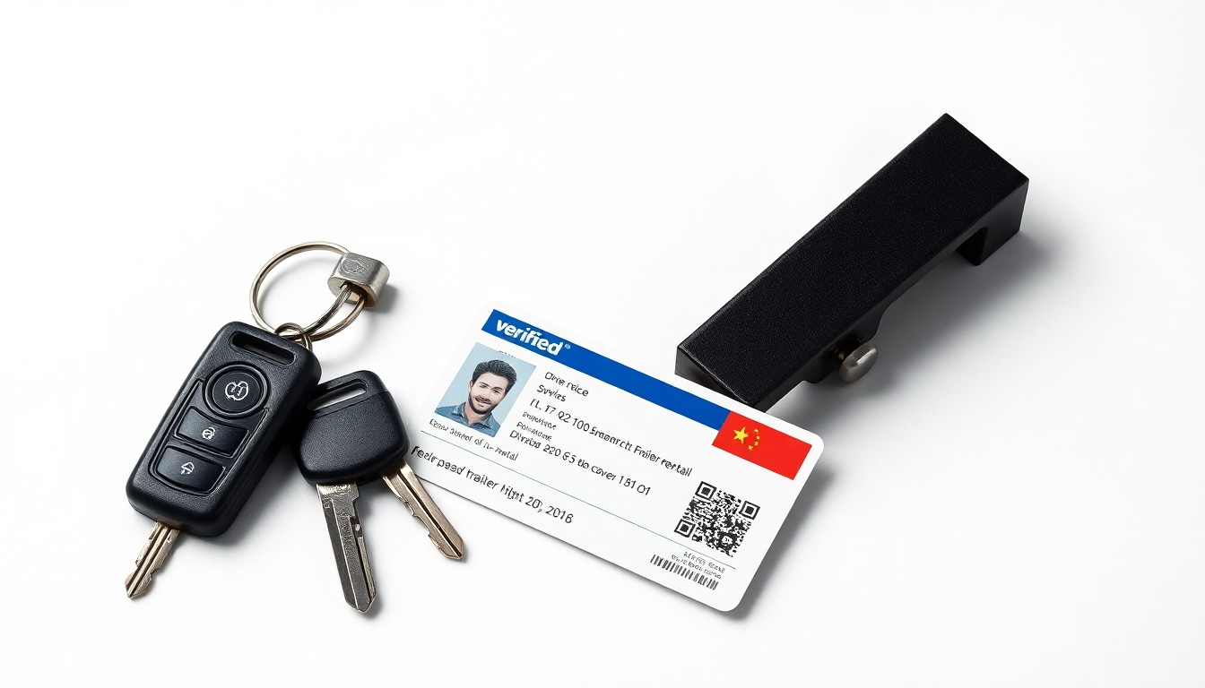 A photorealistic studio still life featuring a set of car keys, a driver's license, and a trailer hitch, symbolizing the concept of verified driver safety and accountability in the peer-to-peer trailer rental industry.