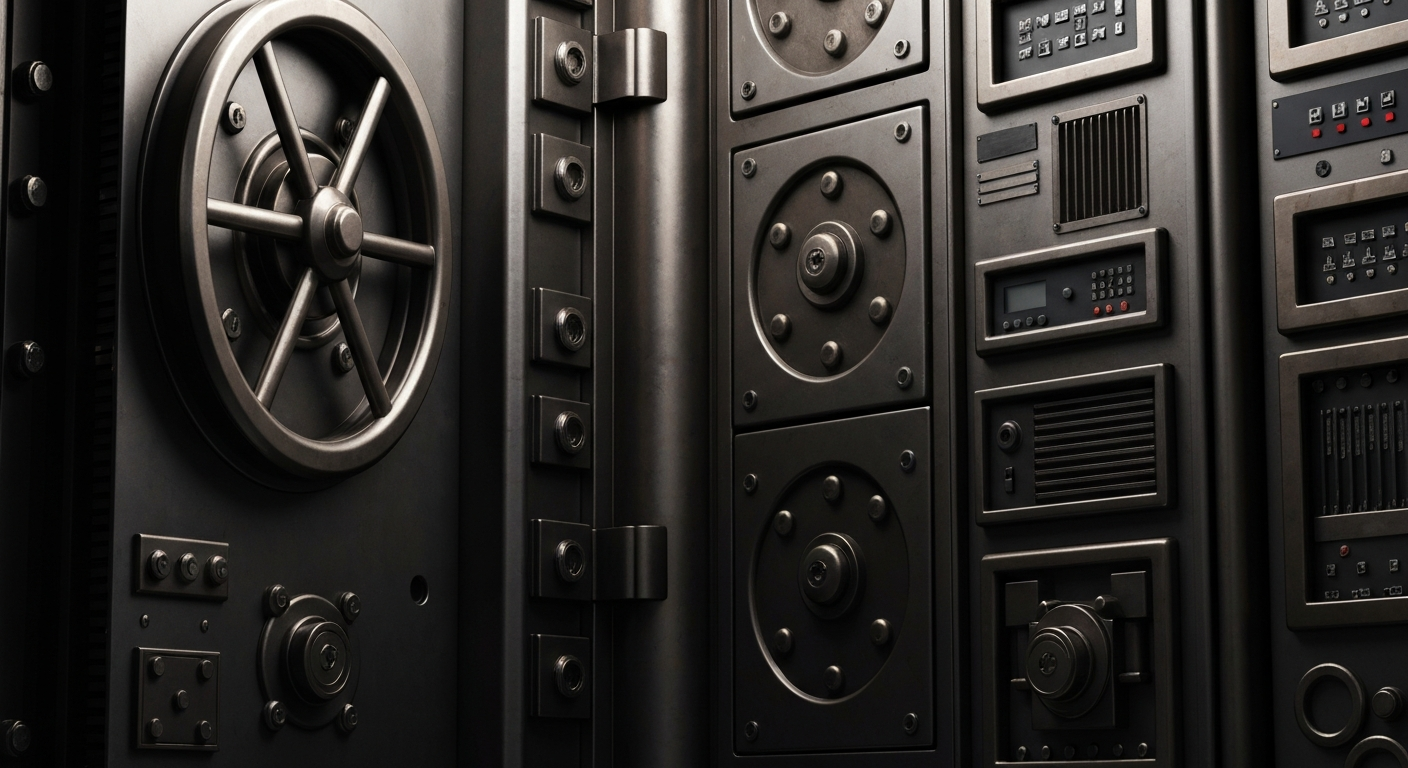 An extreme close-up of intricate, heavy-duty banking machinery and equipment, conveying the secure, industrial nature of the financial institution's operations.