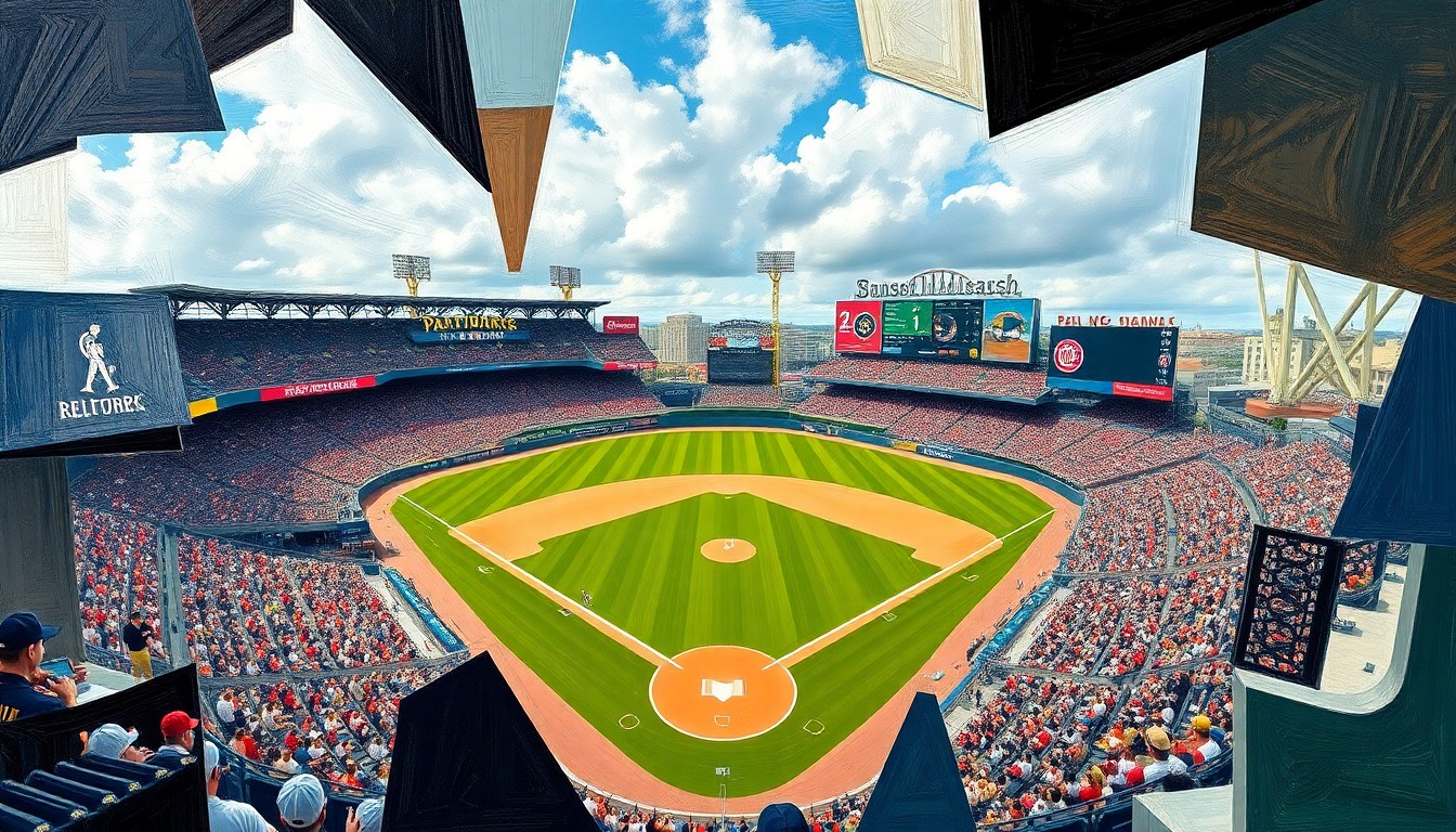 A cubist, geometric painting depicting a baseball game in progress, with the field, players, and stadium rendered in sharp, overlapping planes of color and shape, conveying the disruption and uncertainty of a rain delay.