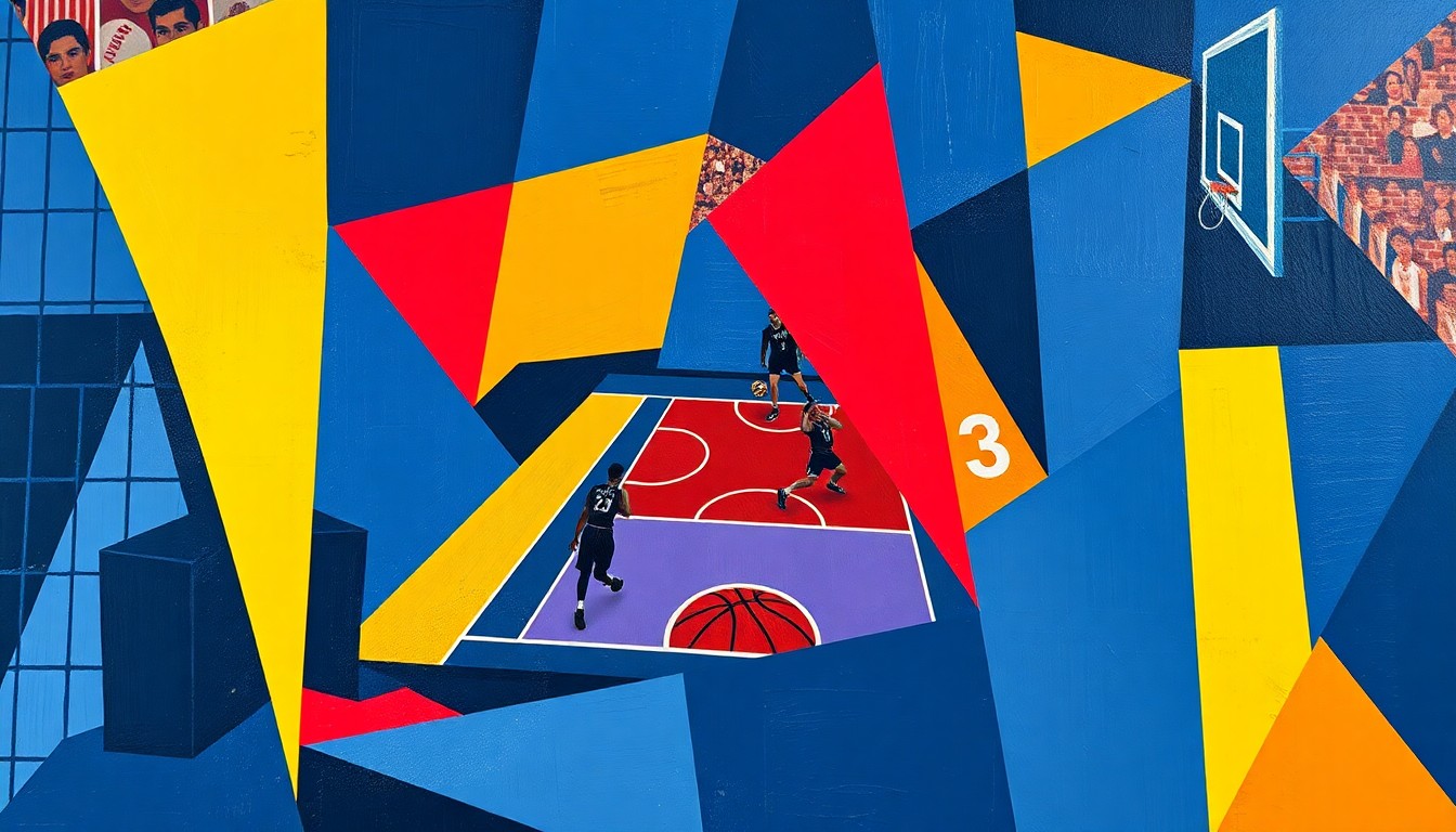 A cubist, geometric painting depicting a fragmented basketball game, with sharp planes of navy, red, and yellow intersecting to create a dynamic, multi-perspective scene.