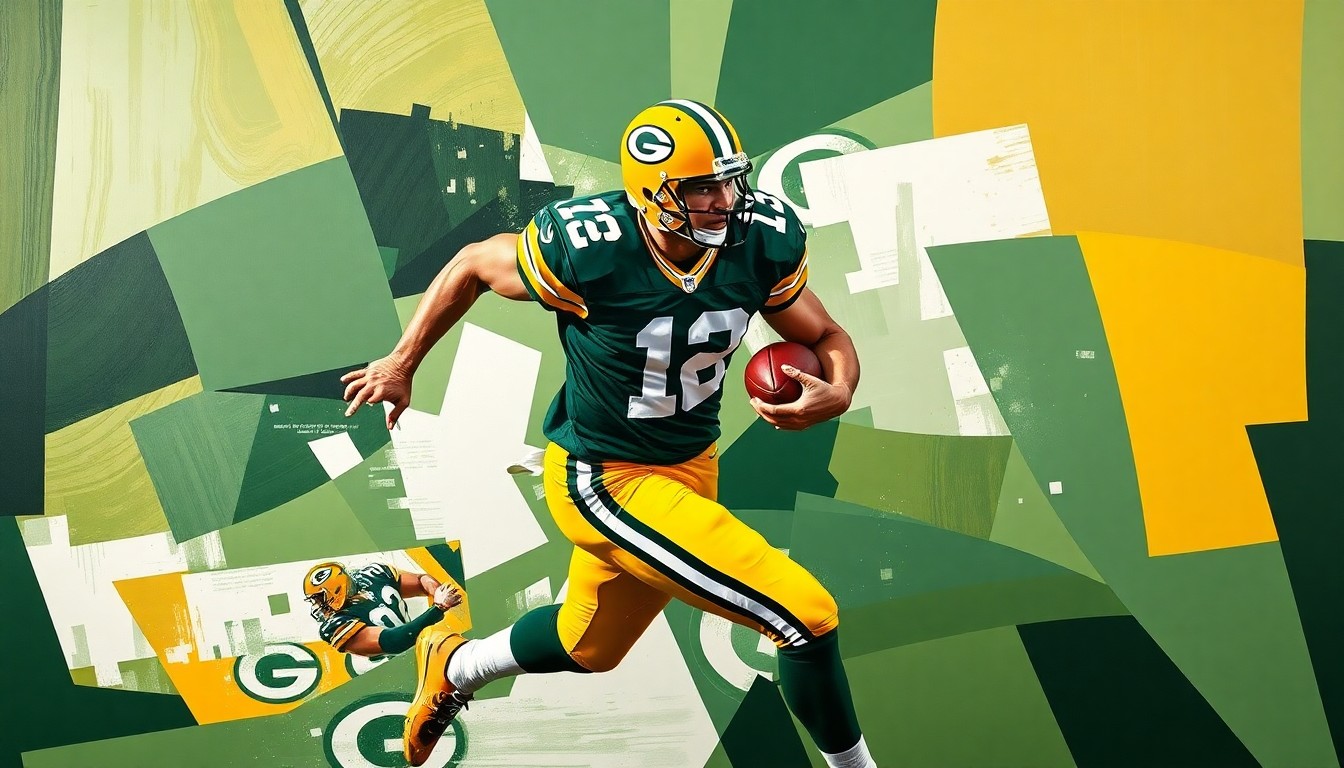 A fragmented, geometric painting in the colors of the Green Bay Packers, depicting a football player in motion with sharp, overlapping planes, representing the player's winding path to the NFL draft.