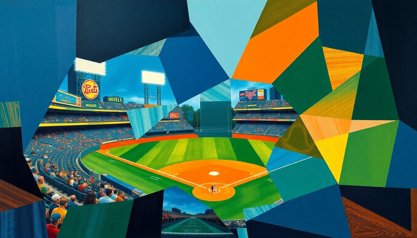 A cubist, geometric painting depicting a baseball game in progress, with the players and field broken down into sharp, overlapping planes of color, conveying the strategic importance of the lineup decision.