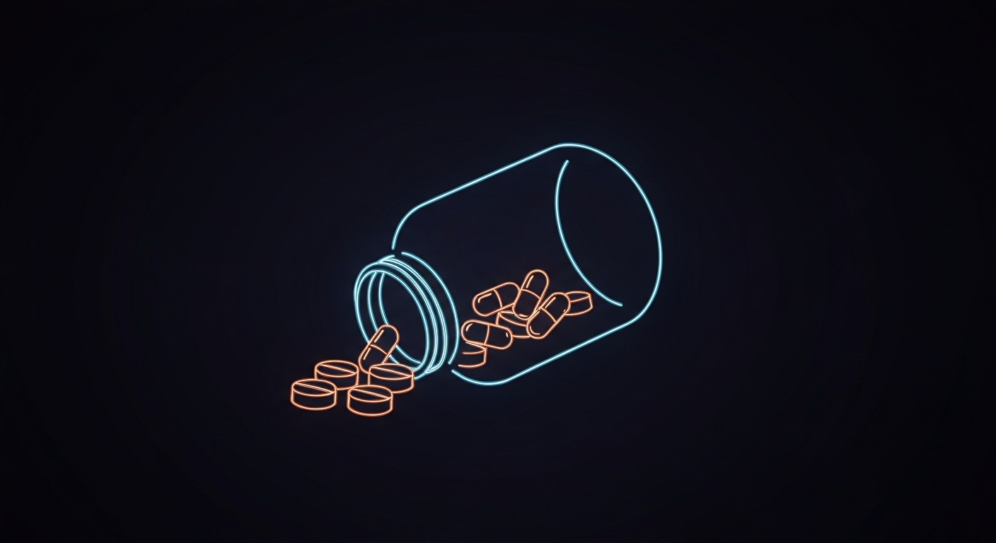 A minimalist neon outline of a pill bottle with pills spilling out, conceptually representing the opioid epidemic and the legal efforts to address it.