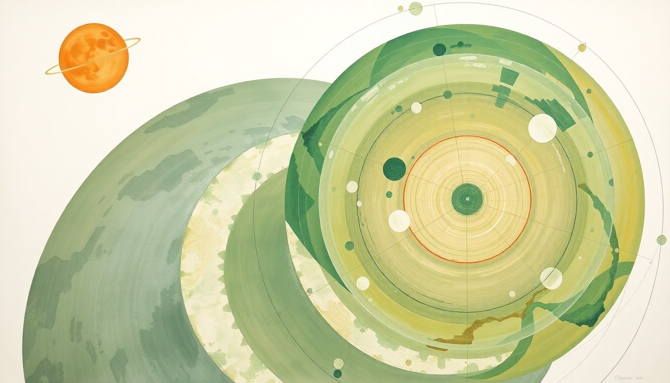 A highly structured abstract painting in earthy tones of green, blue, and ochre, featuring sweeping geometric arcs, concentric circles, and precise spirals, conveying the complex and interconnected nature of quantum mechanics and information theory.