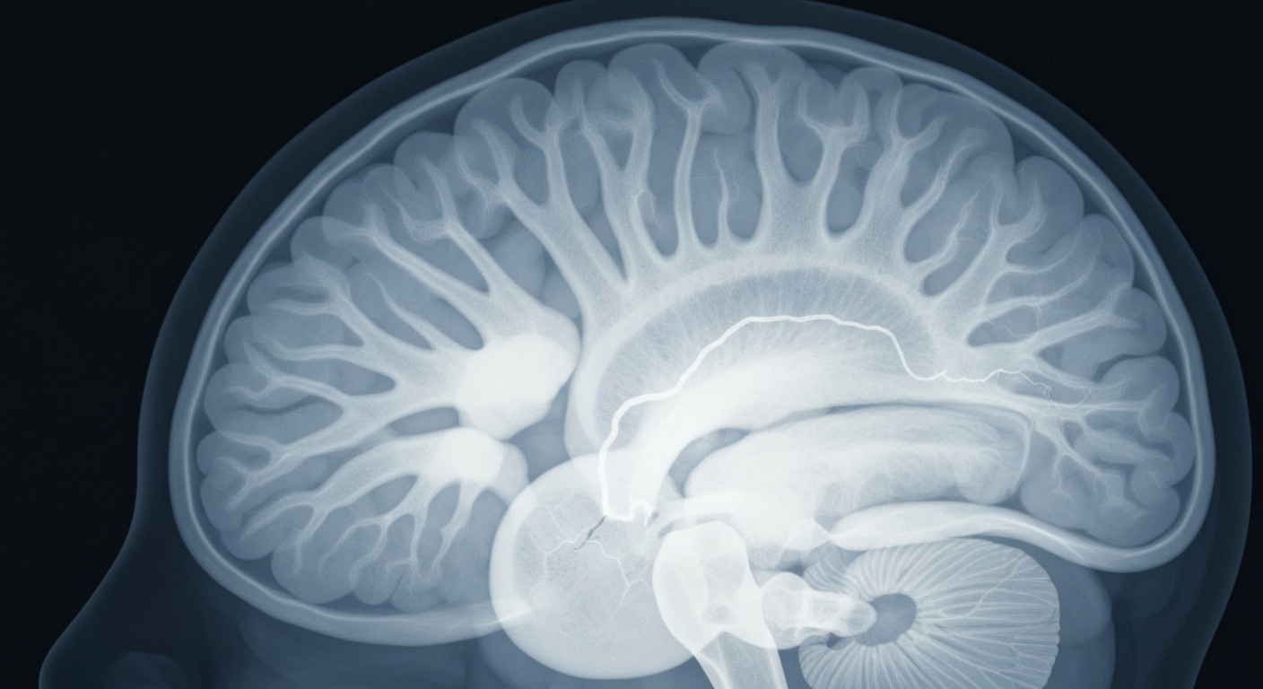 A translucent X-ray photograph showing the ghostly outline of a human brain with a faint blood vessel, conceptually illustrating the medical details of a stroke.