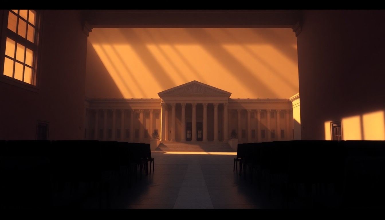 A serene, photorealistic painting of an empty government building or courthouse, with warm sunlight streaming through the windows and deep shadows cast across the facade, conveying a sense of political tension and legal conflict.