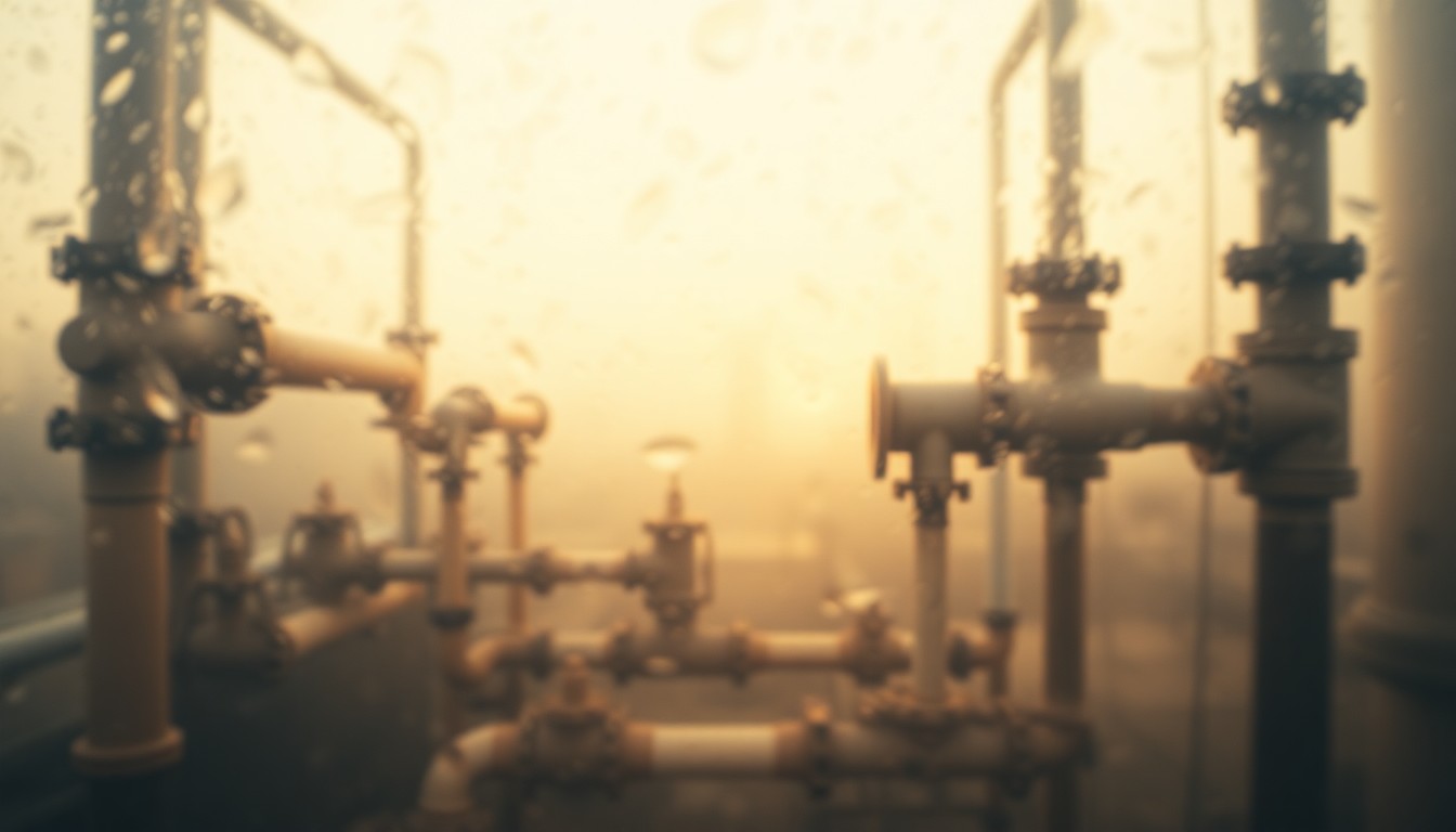 An abstract, impressionistic photograph showing blurred, hazy shapes and colors that suggest water pipes, valves, and other utility infrastructure elements, conveying a sense of the essential but often unseen workings of a community's water and sewer systems.