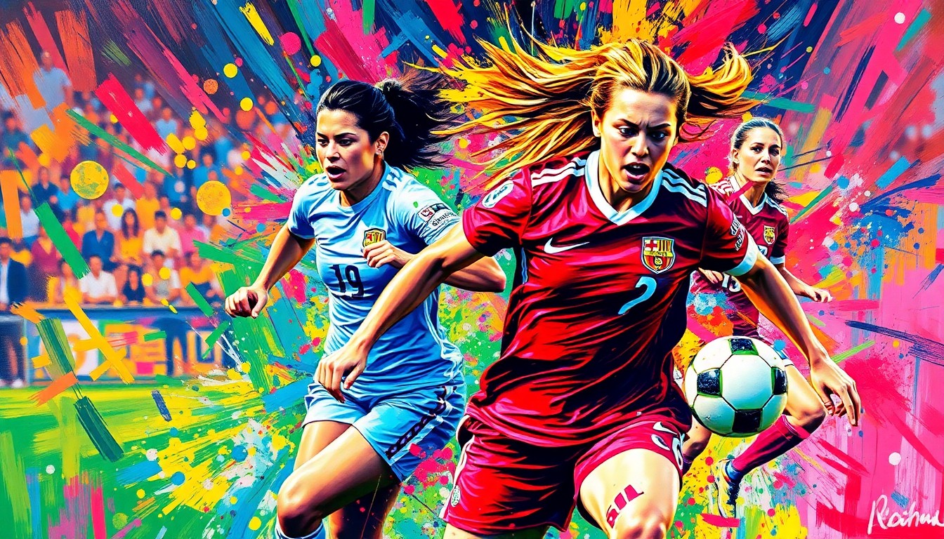 An abstract, expressionist painting in neon colors depicting the raw energy and movement of a women's soccer match, with players' forms dissolving into vibrant brushstrokes.