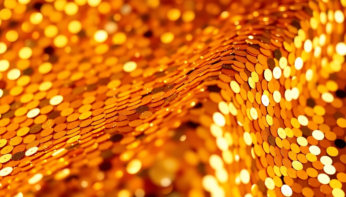 An extreme close-up of shimmering, high-contrast sequins in warm, metallic tones, capturing the luxurious, high-fashion aesthetic of the entertainment industry.