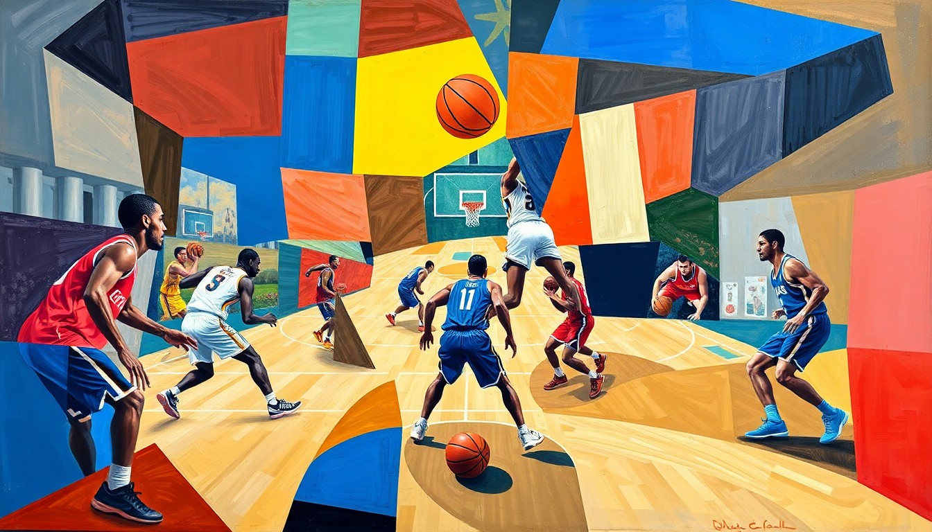 A cubist-style painting depicting a fragmented, multi-perspective view of a basketball game, with the players' forms broken down into abstract geometric shapes and planes of color.
