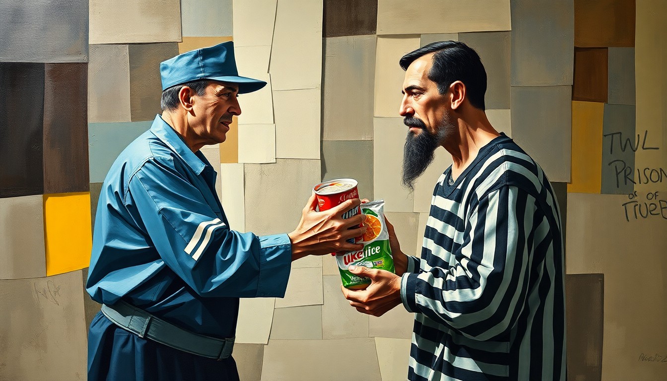 A cubist, fragmented painting depicting a prison guard forcibly taking snacks from an inmate, the geometric shapes and overlapping planes conveying the abuse of authority and ethical violations at the heart of the case.