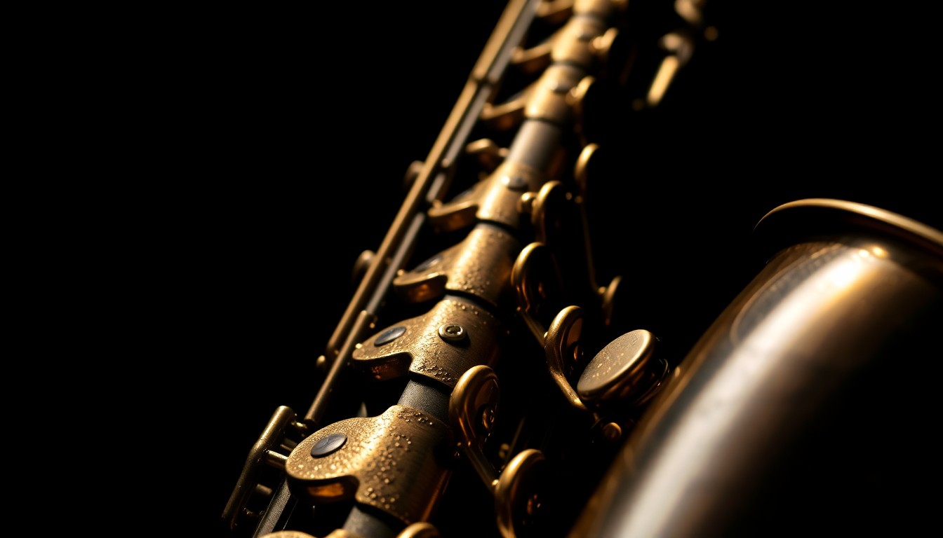 An abstract close-up photograph of a vintage saxophone, with the instrument's intricate metal textures and shiny surfaces filling the frame in dramatic, high-contrast lighting, conceptually representing the evolution of New Orleans' iconic sound.