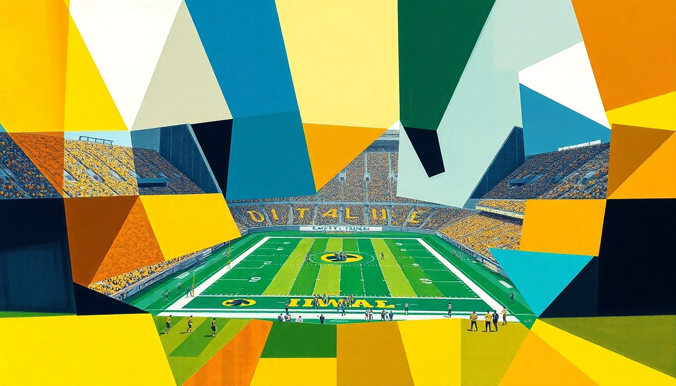 A cubist, geometric painting in the colors of the University of Iowa, with fragmented shapes and planes representing the dynamics of a college football game.