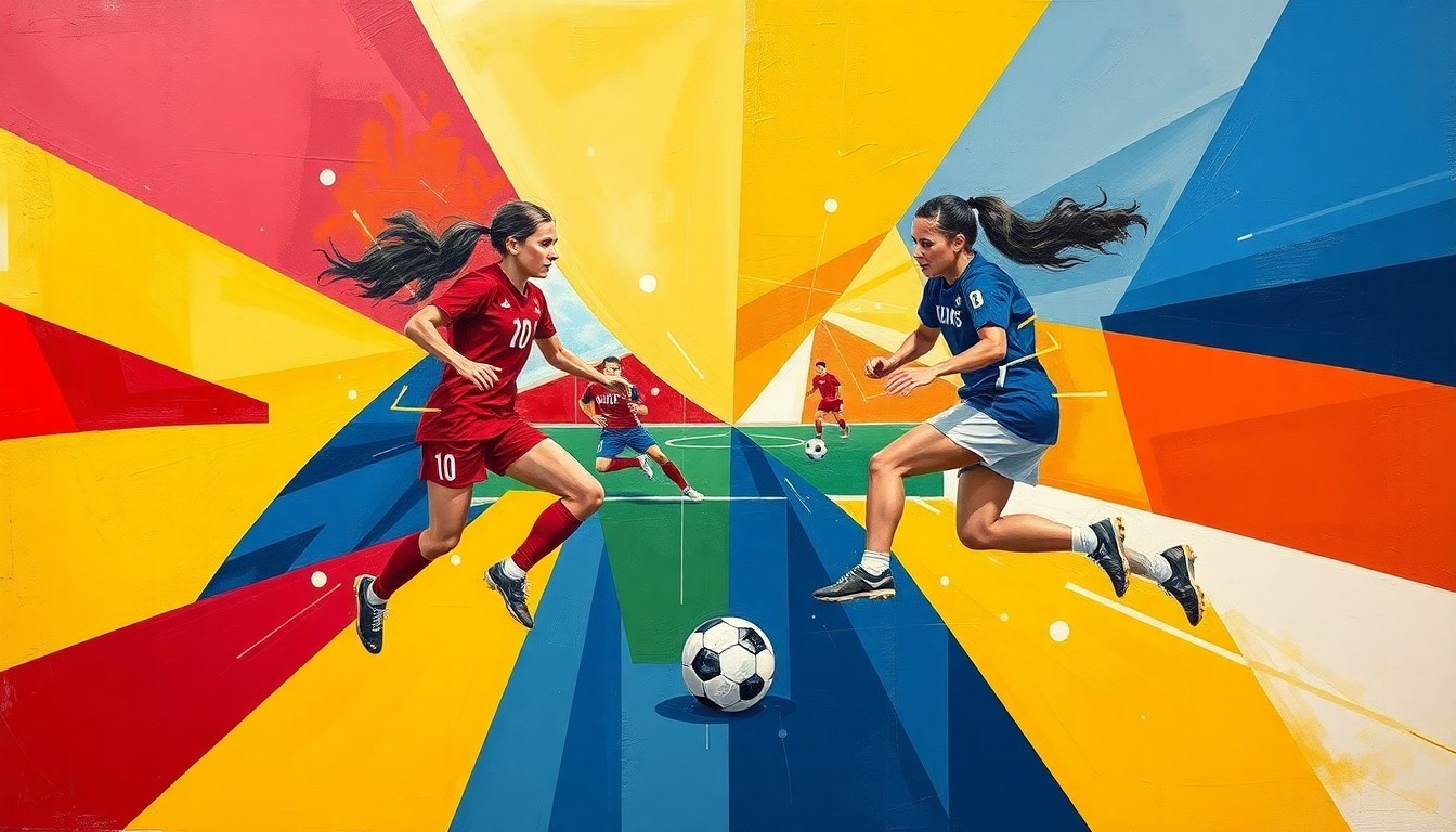 A cubist, geometric painting depicting the action of a girls' soccer match, with the players and ball fragmented into overlapping planes of crimson, gold, navy, and white.
