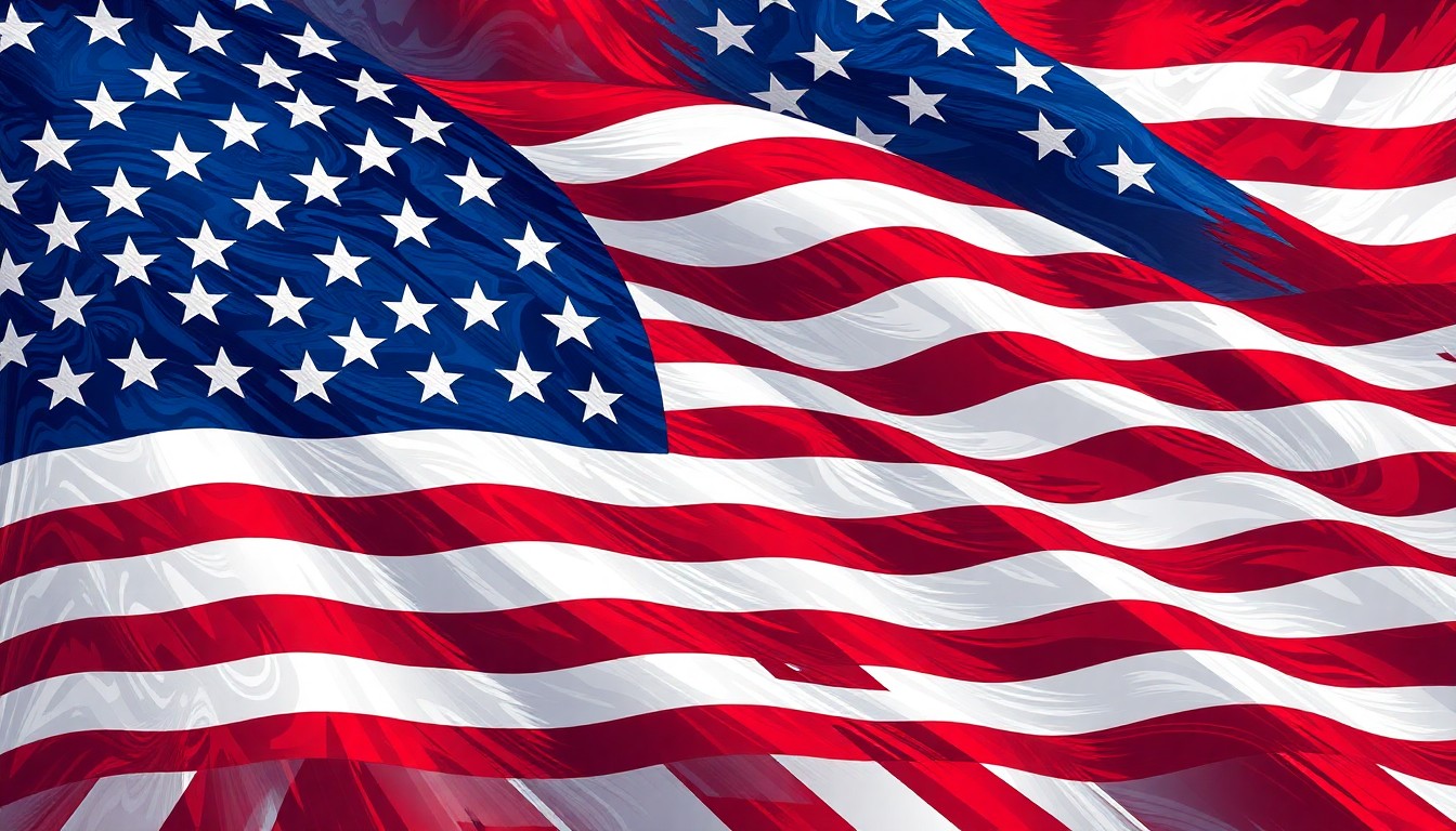 A vibrant, abstract painting of an American flag in motion, with the stripes and stars repeated and overlapping in a fractured, geometric style, conveying a sense of patriotic energy and political populism.