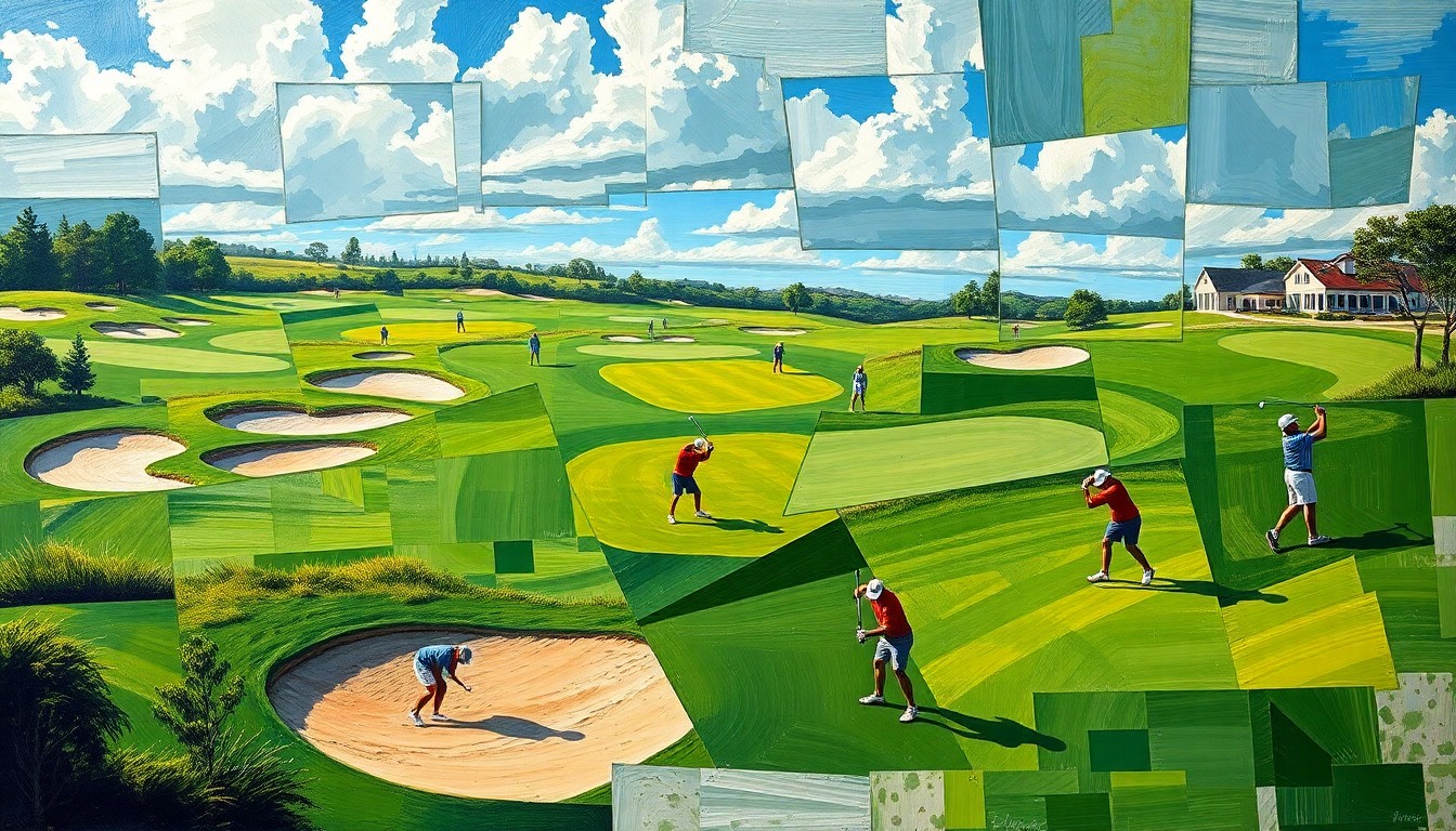 A fragmented, geometric painting depicting the dynamic action of a high school golf tournament, with overlapping planes of green fairways, sand traps, and golfers in motion, capturing the intensity and energy of the regional competition.