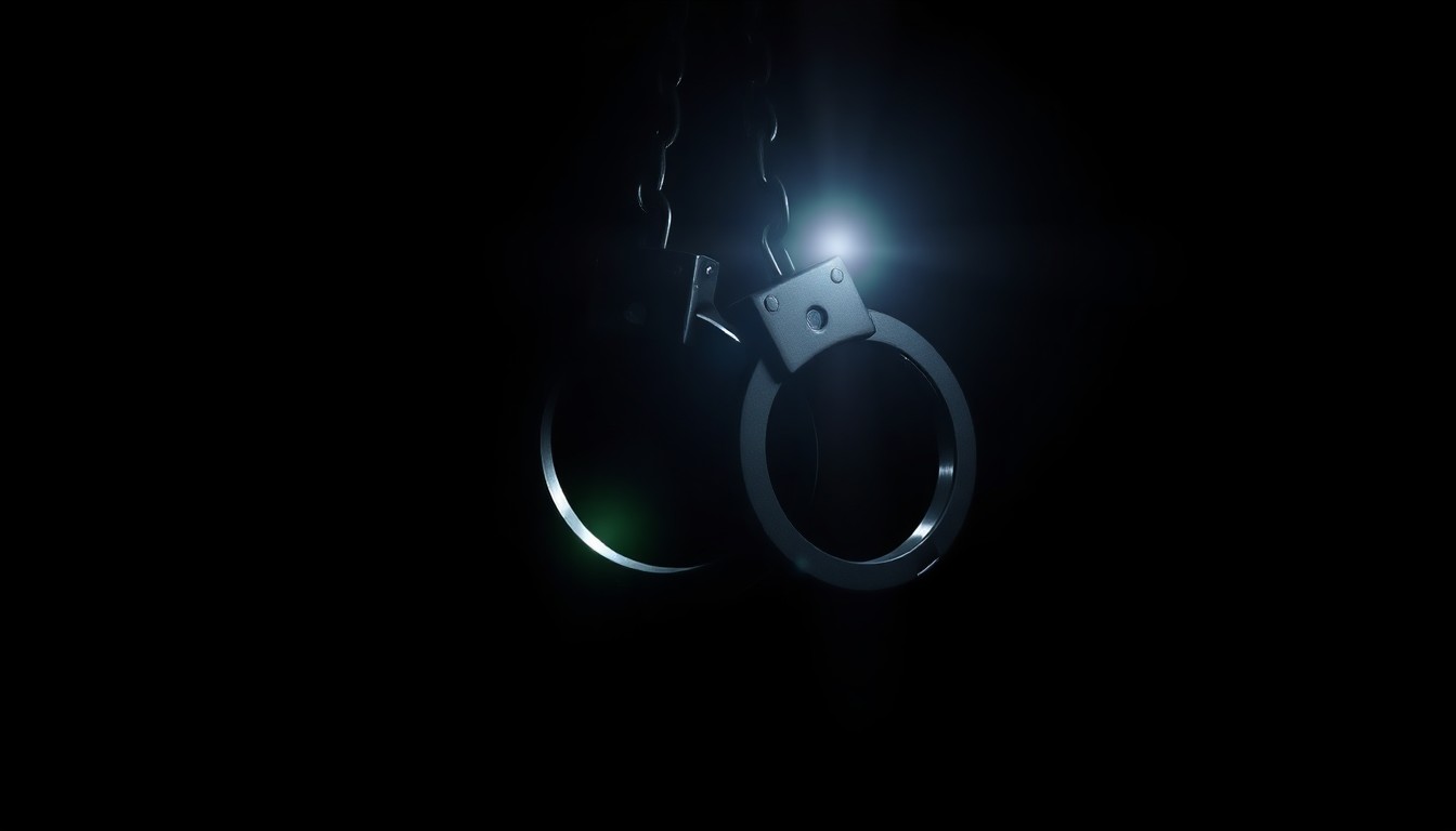 An extreme close-up of a pair of metal handcuffs against a completely black background, the harsh flash creating dramatic shadows and highlights that convey a sense of gritty investigation and criminal justice.